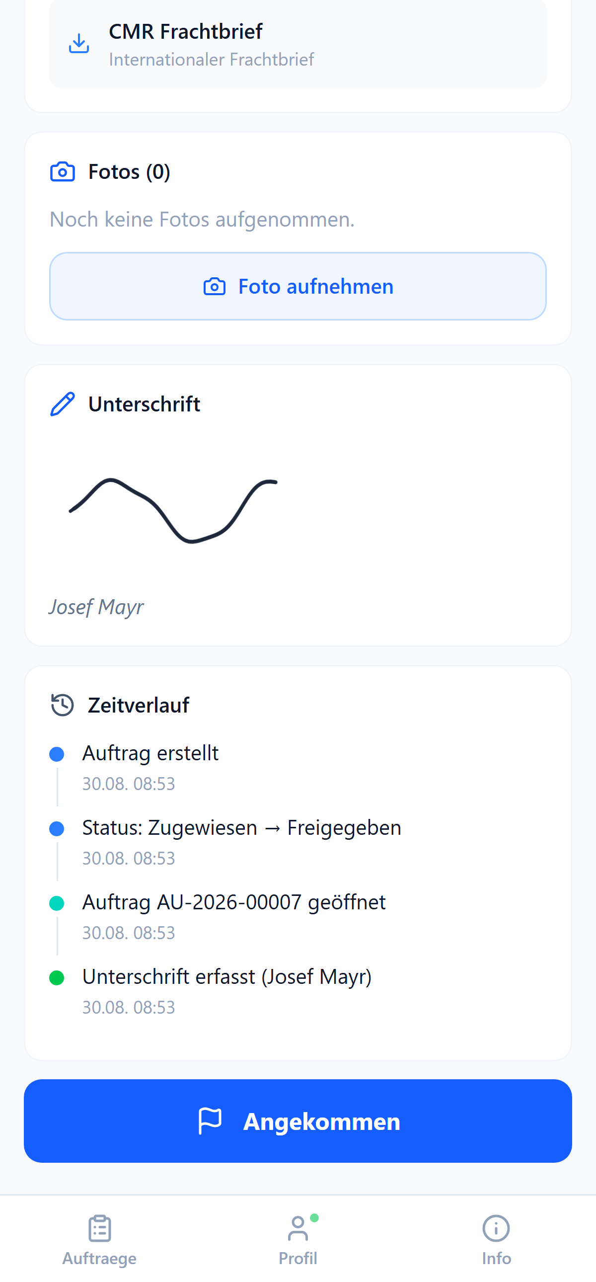Fahrer-App: Unterschrift des Empfängers mit Namen und Zeitpunkt im Verlauf