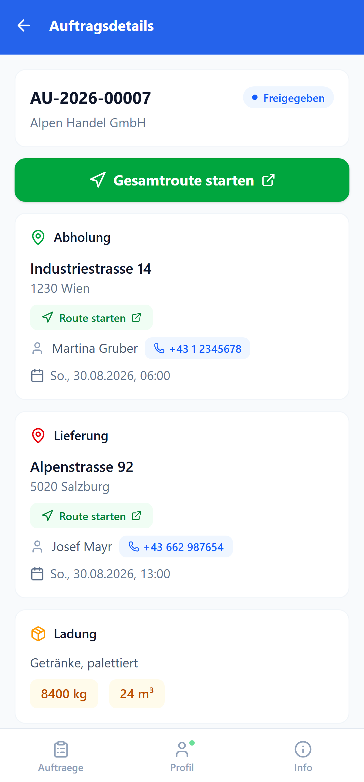 Fahrer-App: Auftragsdetails mit Abhol- und Lieferadresse, Ansprechpartnern und Ladung